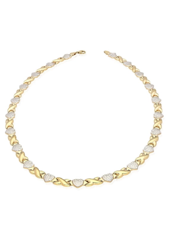 10K Two-Tone Gold Diamond-Cut Hearts & Kisses XO Necklace (Hollow) 17.5"