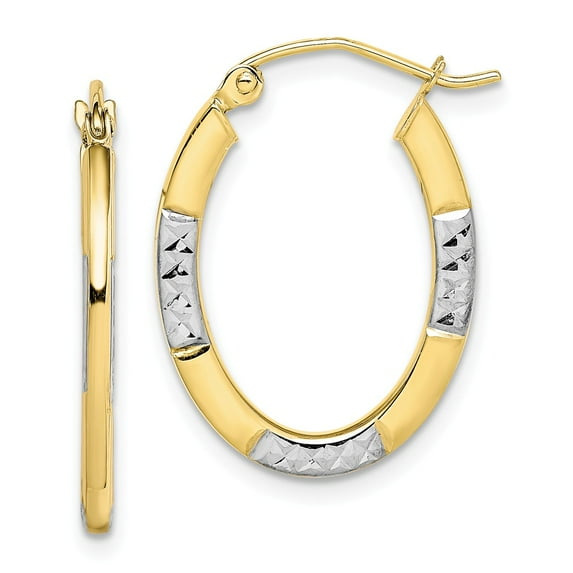 10K Two-Tone Gold Earring Hoop Women'S 23 mm 18 & Rhodium Diamond-Cut Oval Earrings