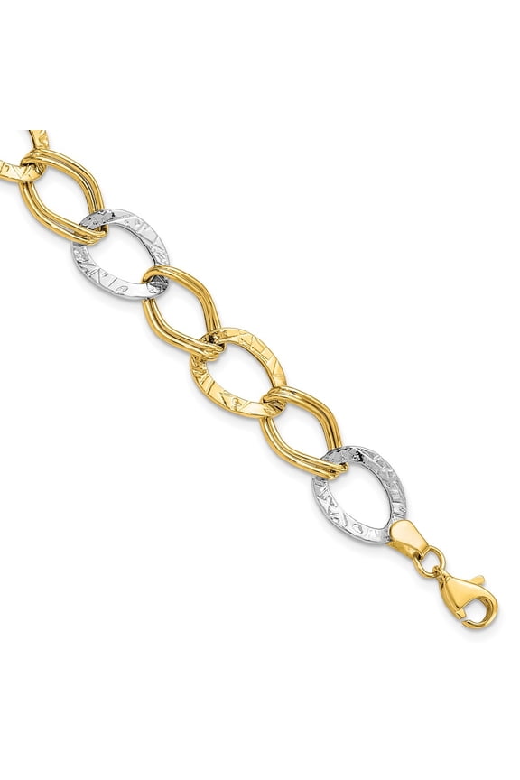10K Two-Tone Gold Link Necklace Chain Polished and Textured Bracelet 7.5 inch 10 mm