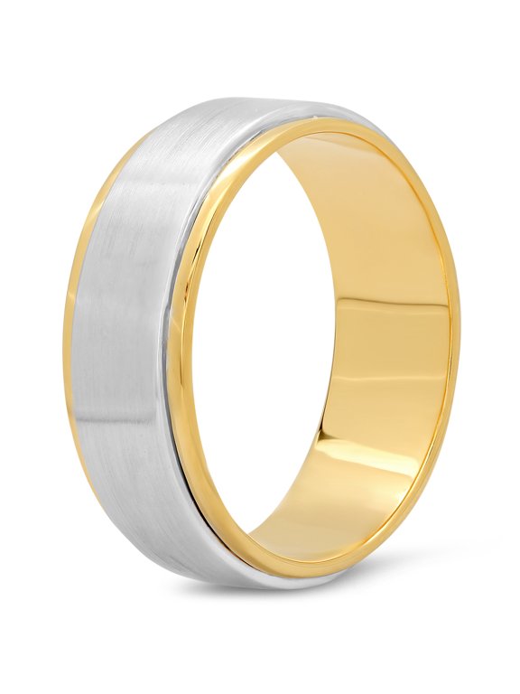 10K Two Tone Gold Men's Ladies Unisex Ring 7 MM Flat Fancy Shiny Polished Wedding Band