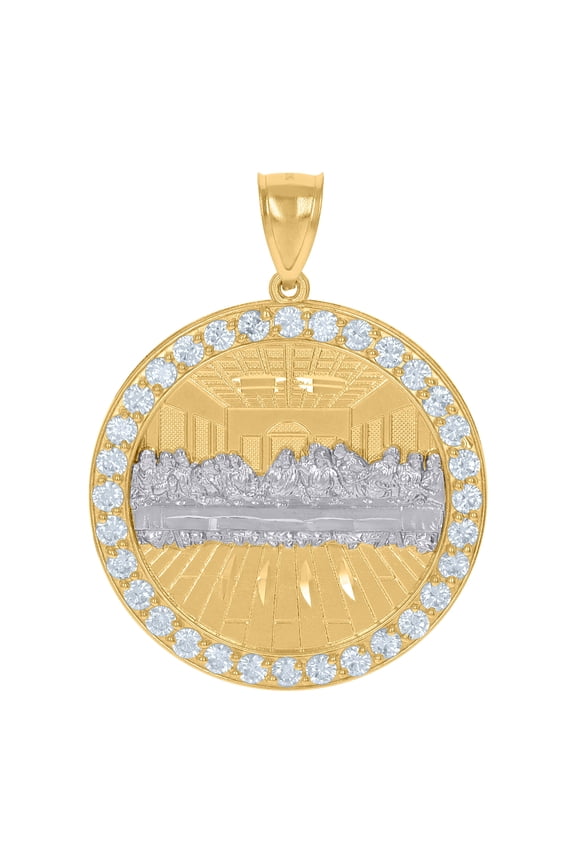 10K Two-Tone Gold Mens Cubic-Zirconia Medallion Last Supper Religious Charm Pendant