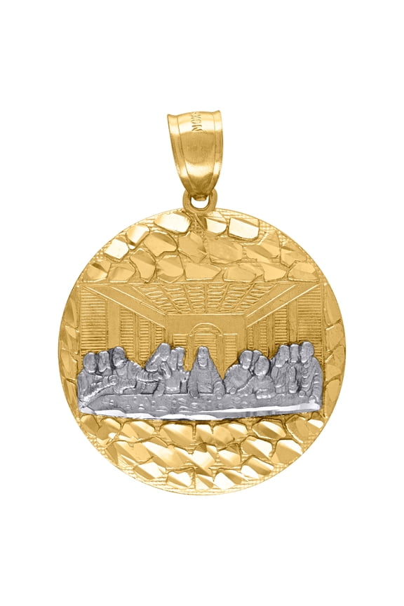 10K Two-Tone Gold Mens Diamond-Cut Nugget Last Supper Religious Medallion Charm Pendant