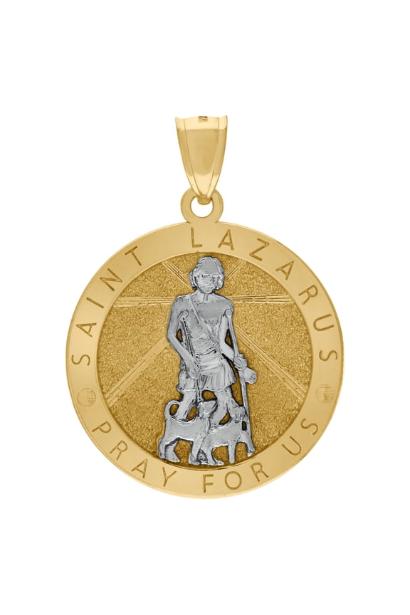 10K Two-Tone Gold Mens Saints St. Lazarus Pray For Us Religious Charm Pendant