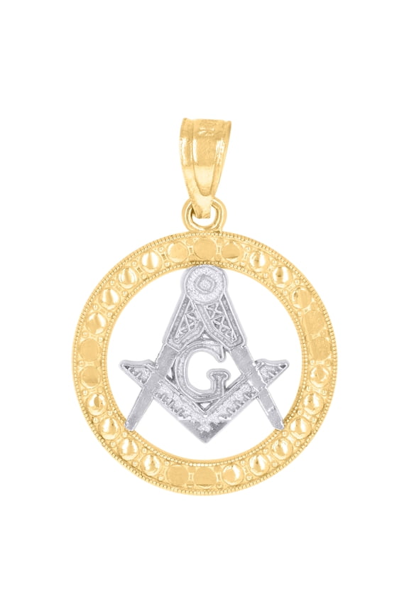 10K Two-Tone Gold Mens Women Textured Freemason Masonic Charm Pendant