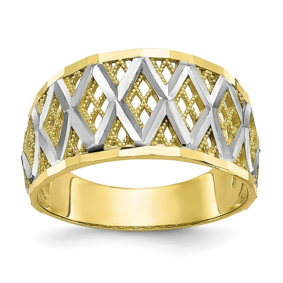 10K Two-Tone Gold Ring Band Fashion & Rhodium Diamond-Cut Filigree