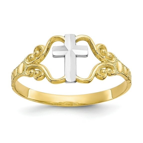 10K Two-Tone Gold Ring Band Themed & Rhodium Polished Cross, Size 5