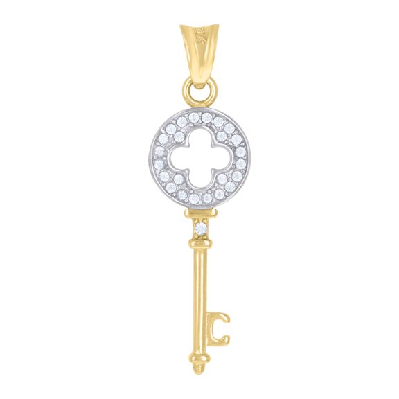 10K Two Tone Gold Round CZ Women's 1.35" 4 Leaf Clover Charm Lock & Key Pendant