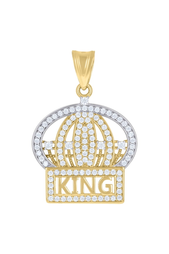10K Two Tone Gold Round Cut CZ Men's 1.20" Royalty Charm KING in Crown Pendant