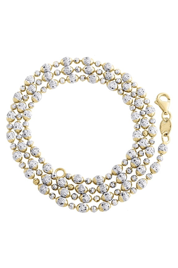 10K Two Tone Gold Texture Moon Cut / Candy Bead 3mm Italian Chain / Necklace 18"