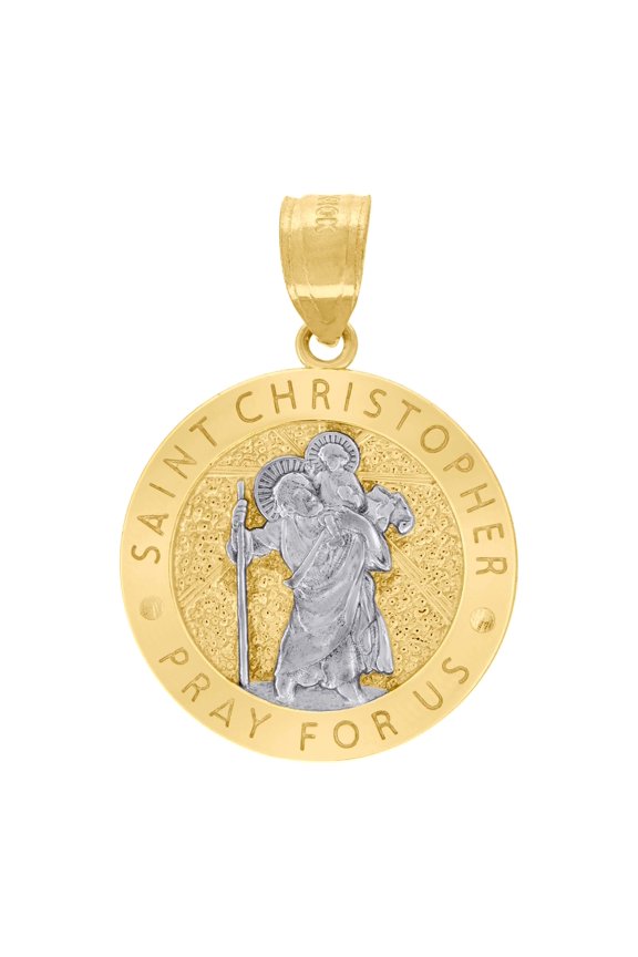 10K Two-Tone Gold Unisex Textured Saint Christopher Pray For Us Religious Charm Pendant