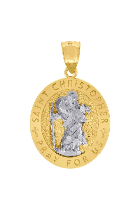 10K Two-Tone Gold Unisex Textured Saint Christopher Pray For Us Religious Charm Pendant