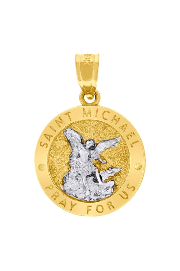10K Two-Tone Gold Unisex Textured Saint Michael Pray For Us Religious Charm Pendant