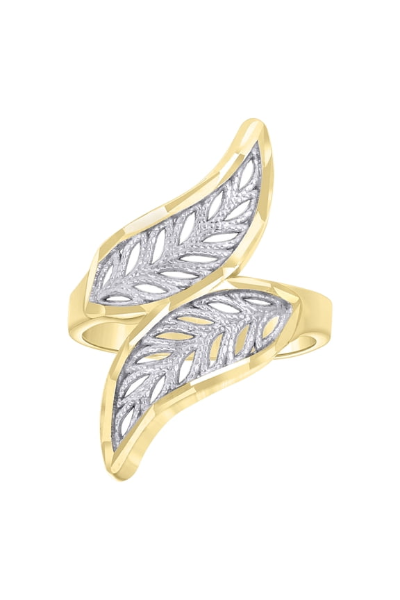 10K Two Tone Gold Women's Diamond Cut 28mm Band Texture Leaf Pattern Bypass Ring