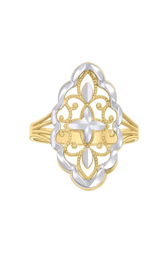 10K Two Tone Gold Womens D/C 22mm Split Shank Floral Border Flower Filigree Ring