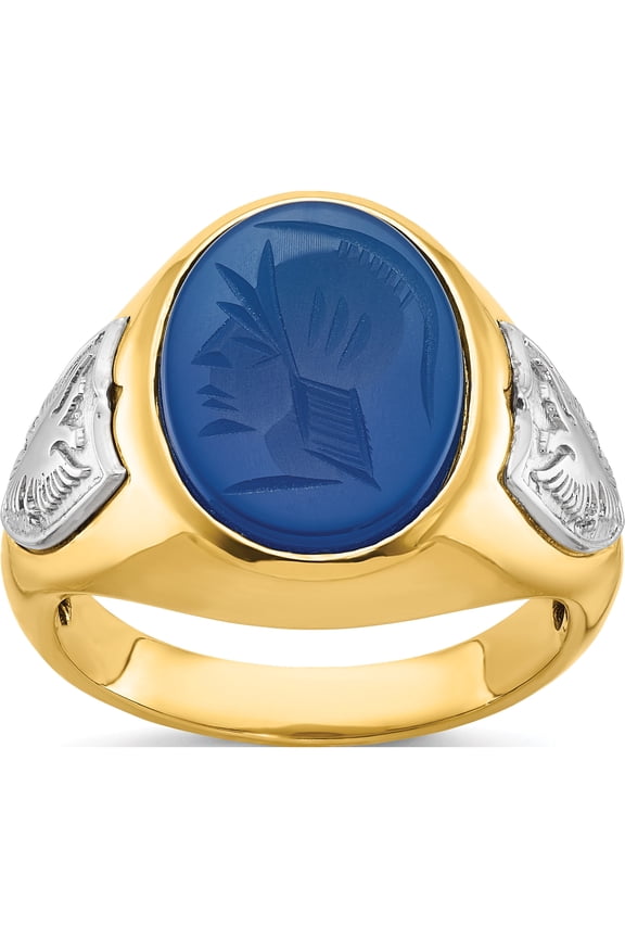 10K Two-tone IB Goodman 10K Two-tone Mens Carved Soldier Oval Blue Agate with Eagle Shields Complete Ring