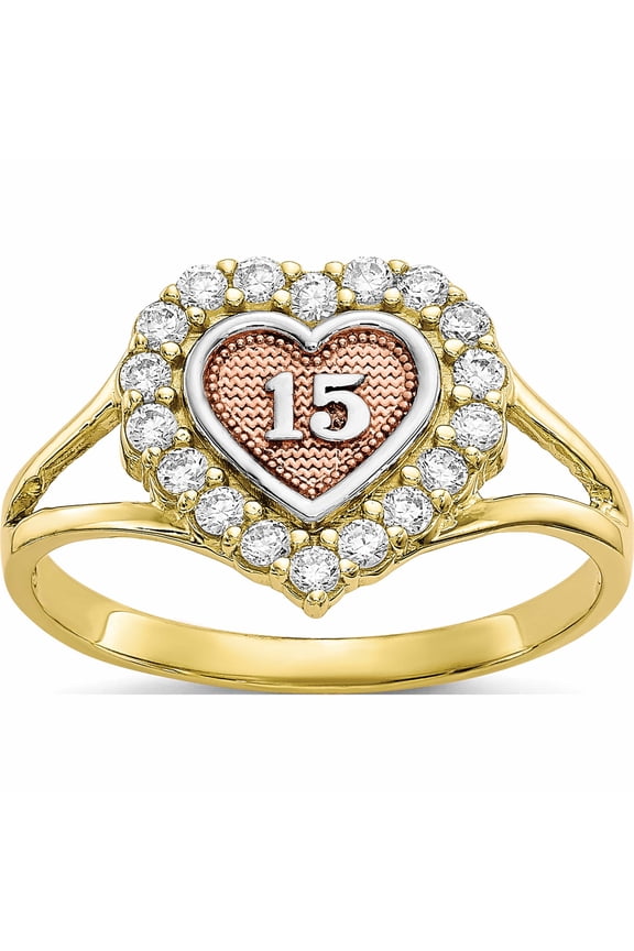 10K Two-Tone Sweet 15 Cz Heart Ring (Size 6) Made In United States 10c1220