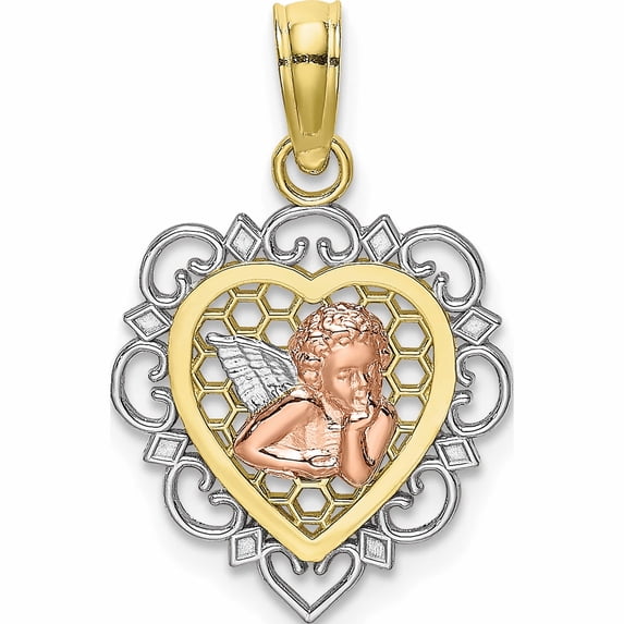 10K Two-Tone Tri-Color Small Angel In Heart Charm (18.9 X 14) Made United States 10k9178