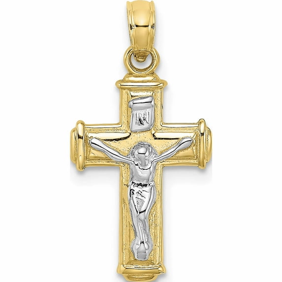 10K Two-Tone With Rhodium Polished Block Crucifix Inri Charm (22 X 11) Made In United States 10k9460