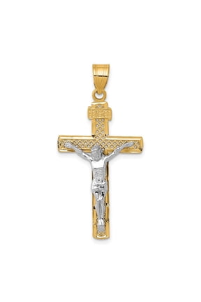 10K Two-tone D/C Large Block Lattice Cross w/Crucifix Pendant