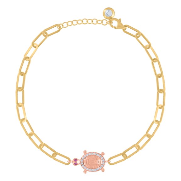 10K Two-tone Gold Womens Purple Cubic-Zirconia Turtle Animal Charm Bracelet Size 8 Inches