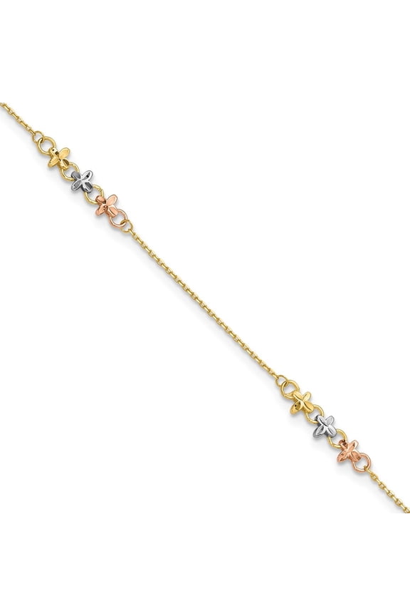 10K Two-tone with White Rhodium 3-Station 9 inch Plus 1 inch Extender - Total 10 inch Anklet