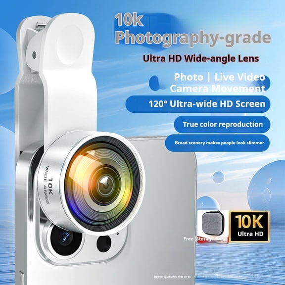 10K Ultra HD 120 Wide Angle Phone Lens with Storage Bag, Clip-On Camera Lens for iPhone Android, Live Streaming Vlogging Selfies