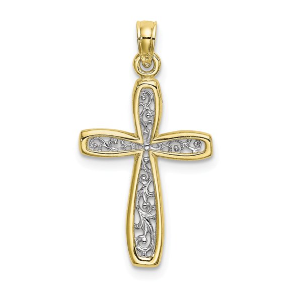 10K with White Rhodium Filigree Cross Charm