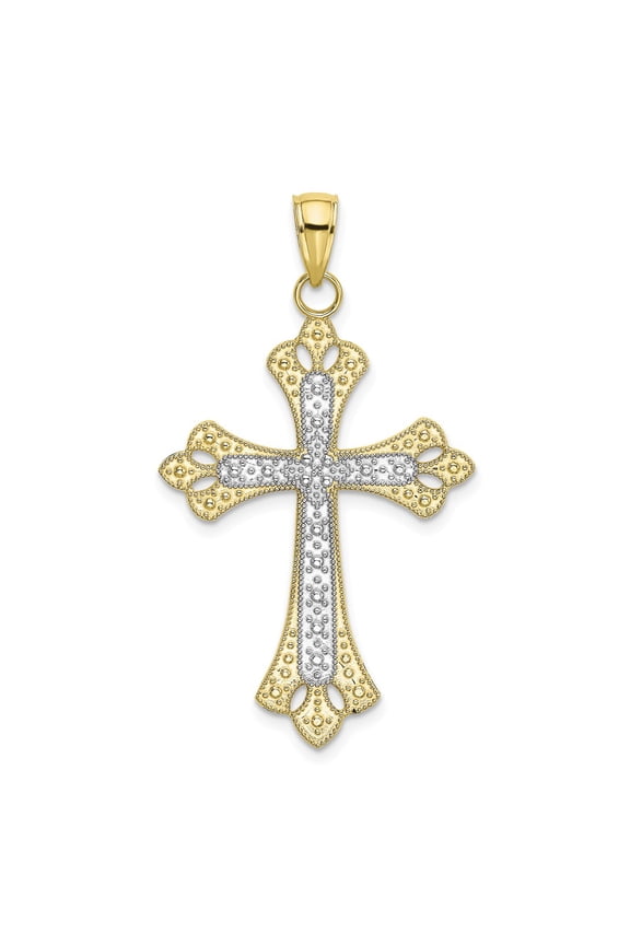 10K and White Rhodium Scalloped Edges Large Cross Pendant