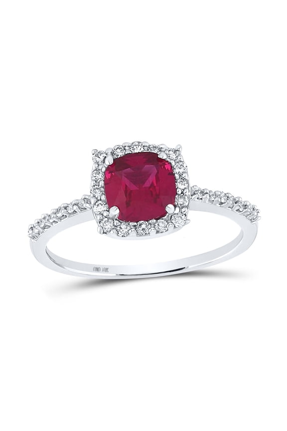 10K WHITE GOLD CUSHION SYNTHETIC RUBY DIAMOND SOLITAIRE RING 1-1/2 CTTW