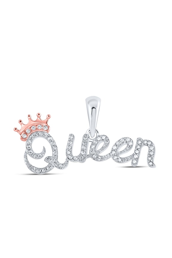 10K WHITE GOLD ROUND DIAMOND QUEEN CROWN FASHION PENDANT 1/6 CTTW
