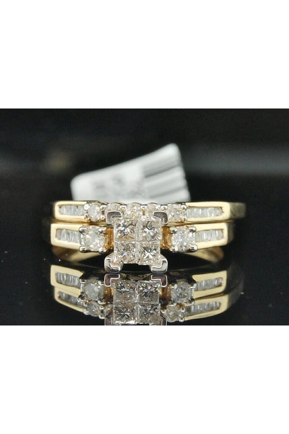 10K Yellow Gold Princess Cut Diamond Engagement Wedding Ring Set