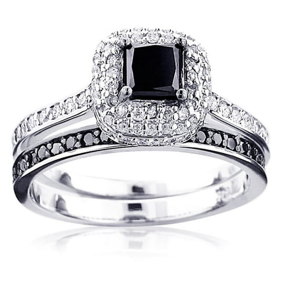 10K White Black 1.2 Ctw Diamonds Unique Bridal Engagement Ring Set (White Gold Size 9)