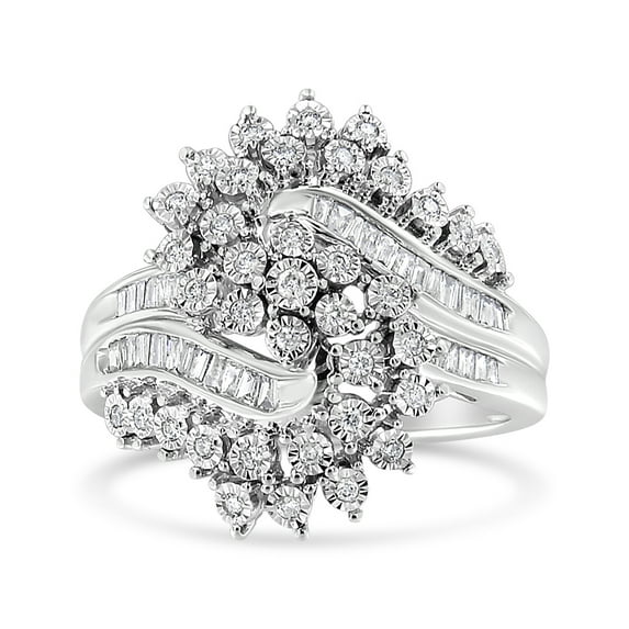 10K White Gold 1/2 Cttw Round and Baguette-Cut "S" Shaped Bypass Cocktail Ring (I-J Color, I1-I2 Clarity) - Size 8