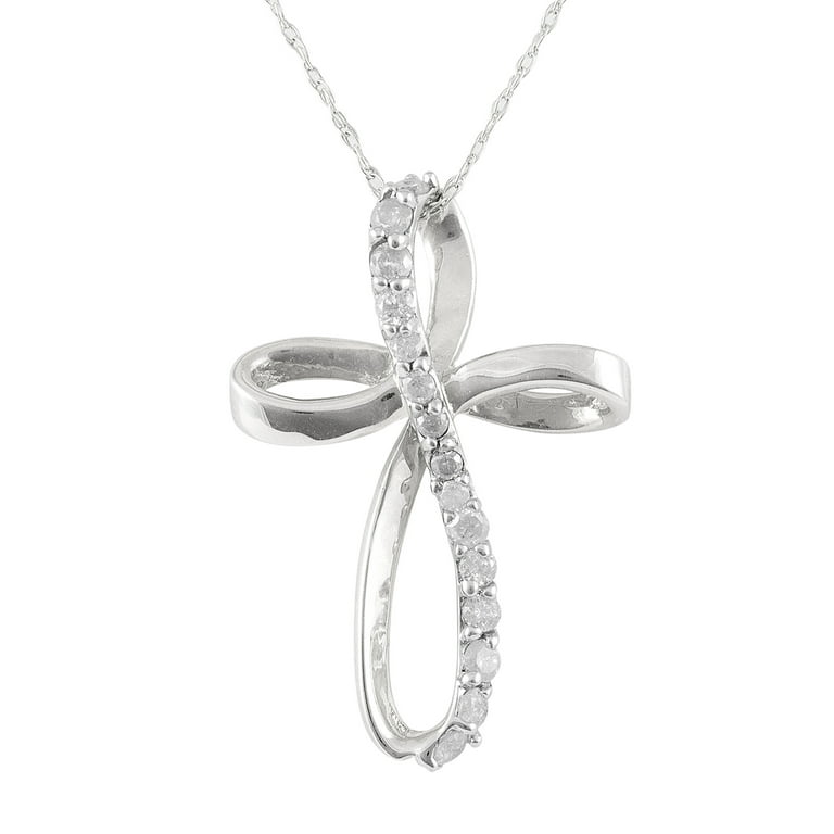 14K White Gold Diamond Cross Pendant with Sterling Silver Rope