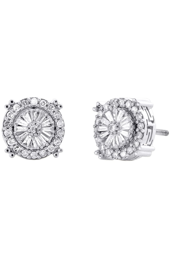 10K White Gold Baguette Diamond 10mm Greek Key Star Halo Stud Earrings 0.48 CT