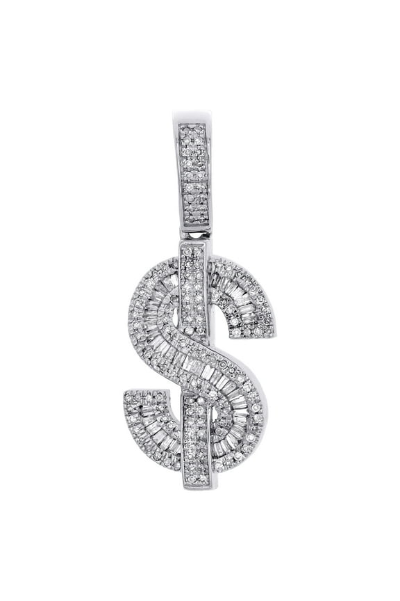 10K White Gold Baguette Diamond Dollar Sign Pendant Money Symbol Charm 0.60 CT.