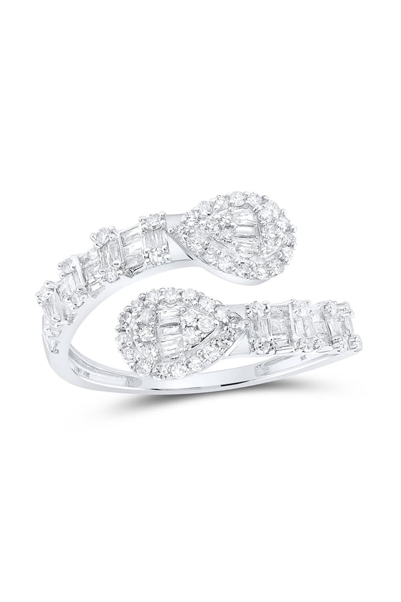 10K White Gold Baguette Diamond Women's Bypass Teardrop Cuff Band Ring 5/8 CT