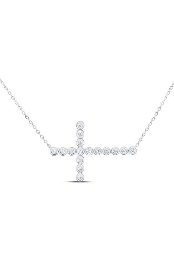 10K White Gold Bezel Diamond Women's Sideways Circle Cross 18" Necklace 1/6 CT