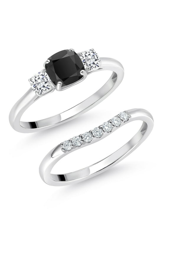 10K White Gold Black Onyx White Moissanite and Lab Grown Diamond 3 Stone Bridal Engagement Wedding Ring Set for Women (0.87 Cttw, 5MM and 3MM Cushion Cut, Available in Size 5, 6, 7, 8, 9)