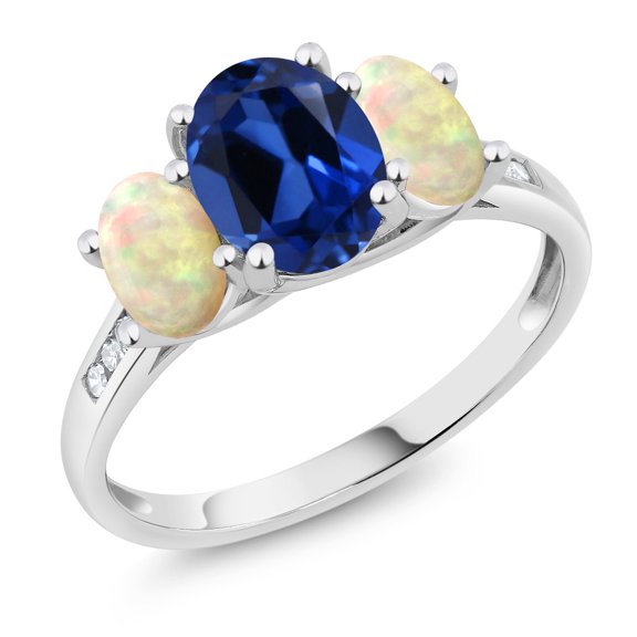 10K White Gold Blue Created Sapphire White Ethiopian Opal and White Diamond Oval 3-Stone Engagement Ring for Women (2.24 Cttw, Gemstone September Birthstone, Available in Size 5, 6, 7, 8, 9)
