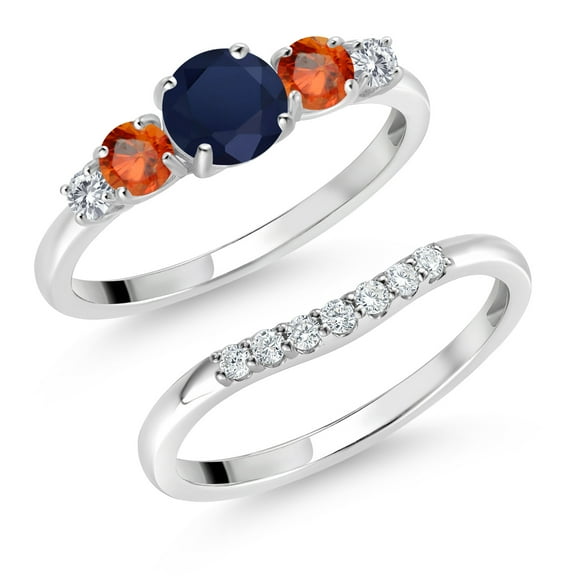 Gem Stone King 10K White Gold Blue Sapphire Orange Sapphire and White Lab Grown Diamond 5 Stone Bridal Engagement Wedding Ring Set for Women (1.03 Cttw, Round: 5MM and 3MM, Size 8)