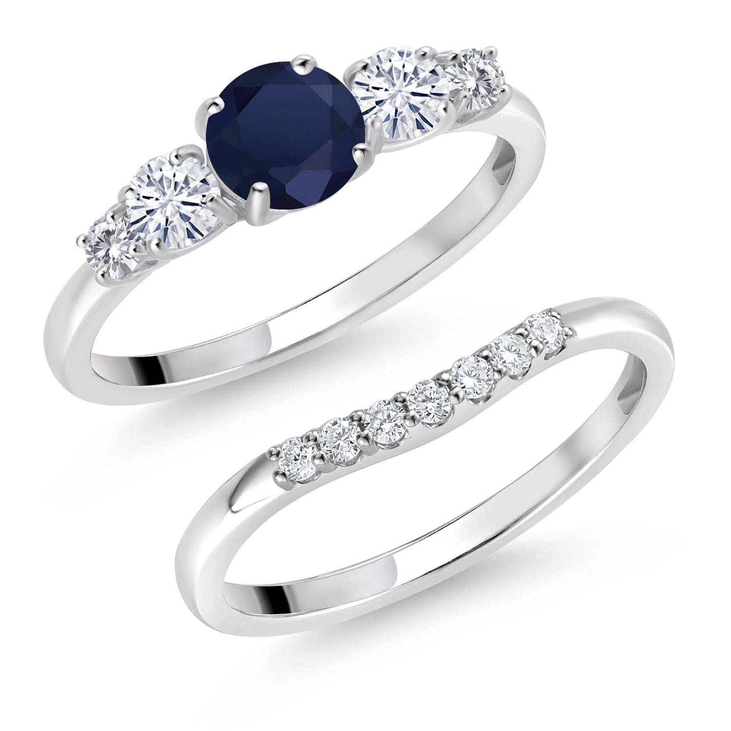 Gem Stone King 10K White Gold Blue Sapphire White Moissanite and White Lab Grown Diamond 5 Stone Bridal Engagement Wedding Ring Set for Women (0.91 Cttw, Round: 5MM and 3MM, Size 7)