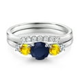 thumbnail image 1 of Gem Stone King 10K White Gold Blue Sapphire Yellow Sapphire and White Lab Grown Diamond 5 Stone Bridal Engagement Wedding Ring Set for Women (0.98 Cttw, Round: 5MM and 3MM, Size 9), 1 of 4