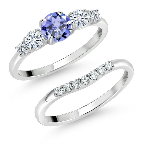 Gem Stone King 10K White Gold Blue Tanzanite White Moissanite and White Lab Grown Diamond 5 Stone Bridal Engagement Wedding Ring Set for Women (0.77 Cttw, Round: 5MM and 3MM, Size 6)