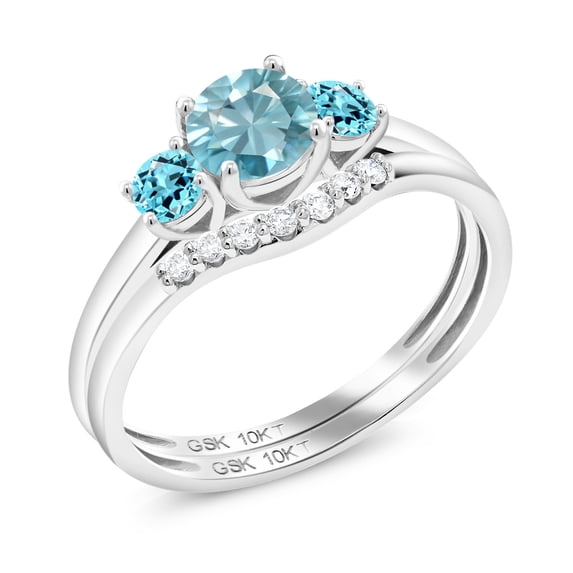 Gem Stone King 10K White Gold Blue Zircon and Swiss Blue Topaz and White Lab Grown Diamond 3-Stone Bridal Engagement Wedding Ring Set for Women (1.22 Cttw, Gemstone , Round 5MM, Size 5)