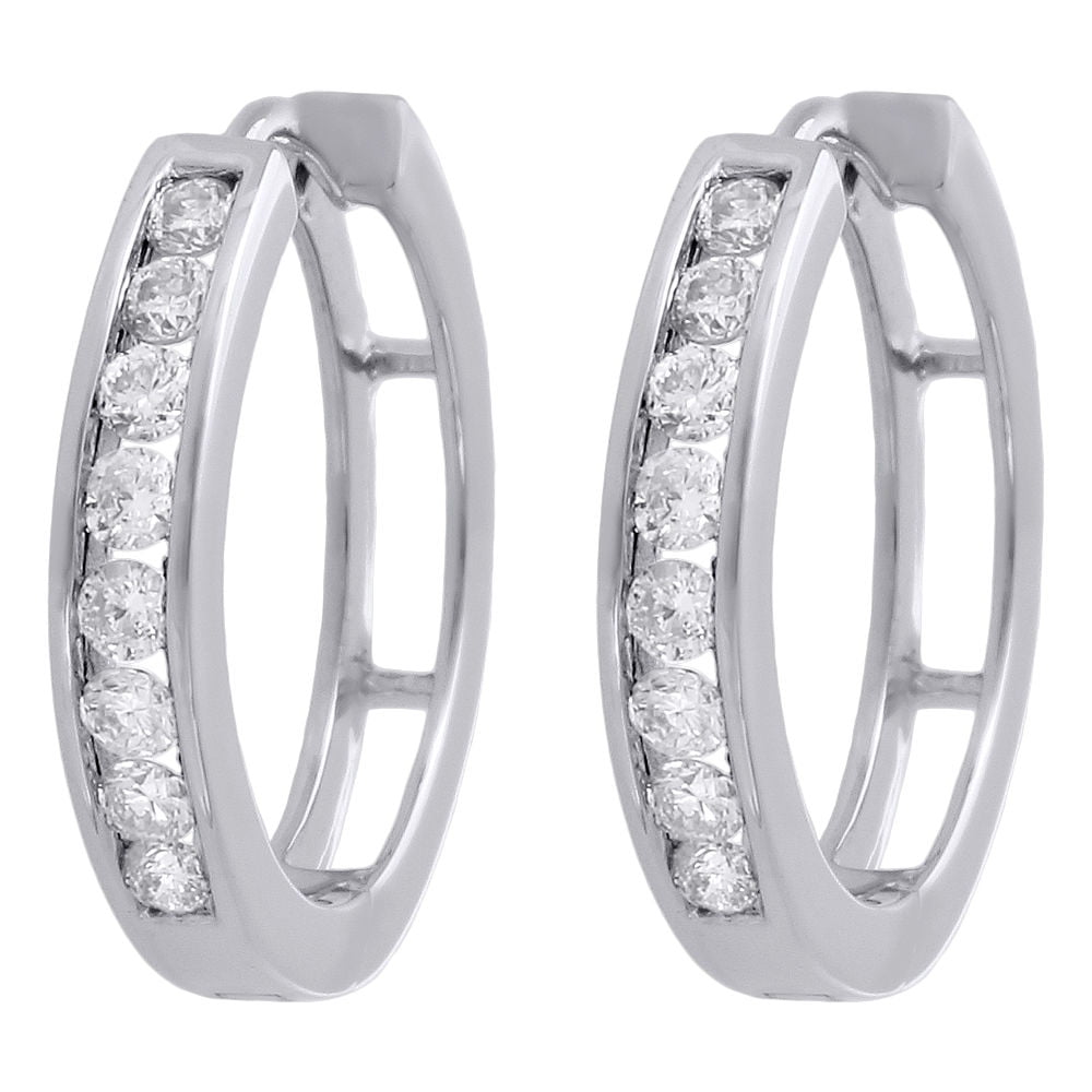 10K White Gold Chanel Set Round Diamond Hoops Hinged Earrings 0.72 Long  0.50 Ct