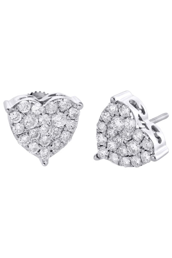 10K White Gold Diamond 3 Prong Heart Frame Cluster Studs 10.5mm Earrings 1 CT.