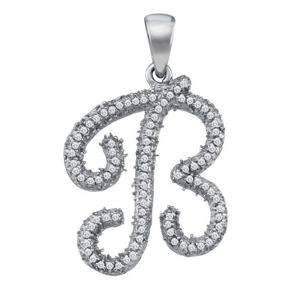 10K White Gold Diamond Cursive Letter B Necklace Pendant 1/6 Ctw.