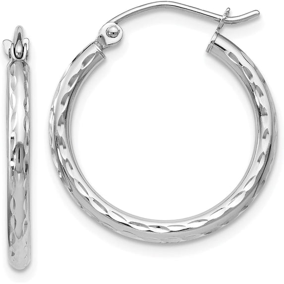 10K White Gold Diamond Cut Hinged Hoop Earrings - 20mm