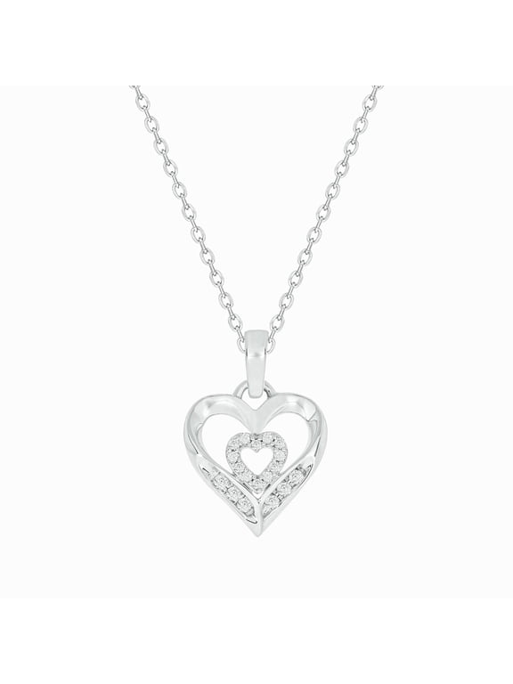 10K White Gold Diamond Double Heart Pendant Necklace for Women (1/10 ct), 18"
